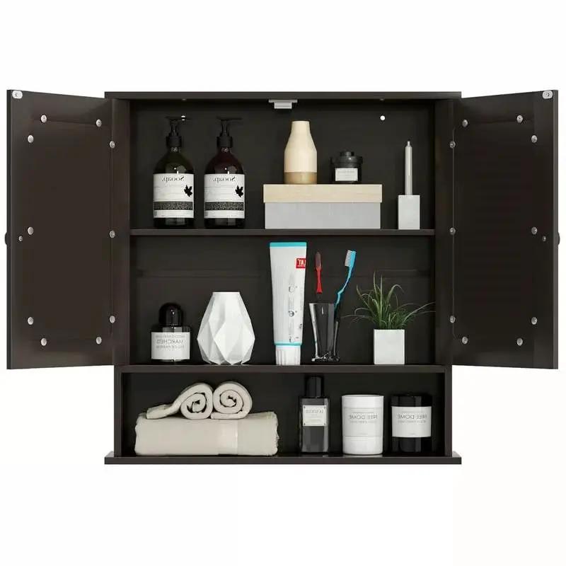 Brown Wooden Bathroom Wall / Medicine Cabinet with Mirrored Doors and Shelf by HomePacific