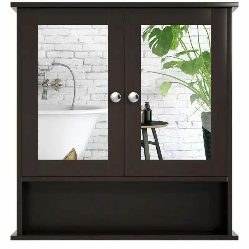 Brown Wooden Bathroom Wall / Medicine Cabinet with Mirrored Doors and Shelf by HomePacific