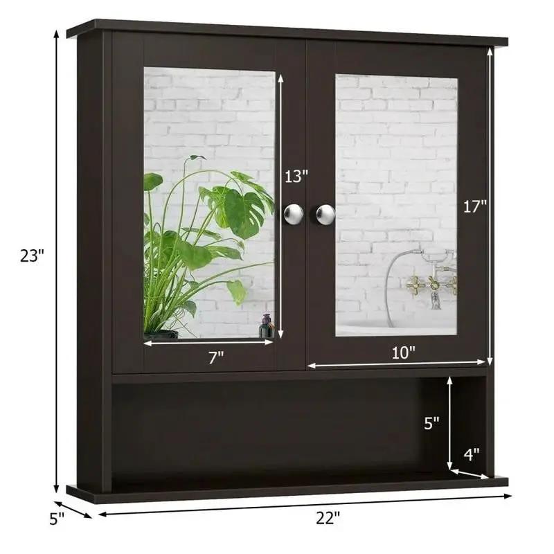 Brown Wooden Bathroom Wall / Medicine Cabinet with Mirrored Doors and Shelf by HomePacific