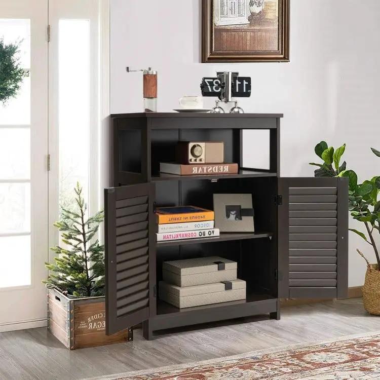 Brown Farmhouse Bathroom Linen Cabinet with Louvered Doors and Open Shelf by HomePacific