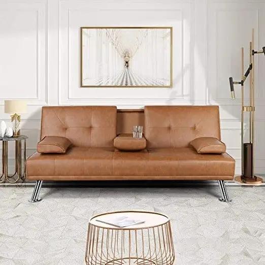 Brown Modern Faux Leather Cup Holders Convertible Sofa Bed Futon Sleeper by HomePacific