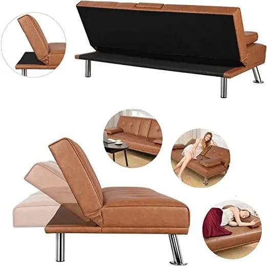 Brown Modern Faux Leather Cup Holders Convertible Sofa Bed Futon Sleeper by HomePacific