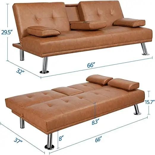 Brown Modern Faux Leather Cup Holders Convertible Sofa Bed Futon Sleeper by HomePacific