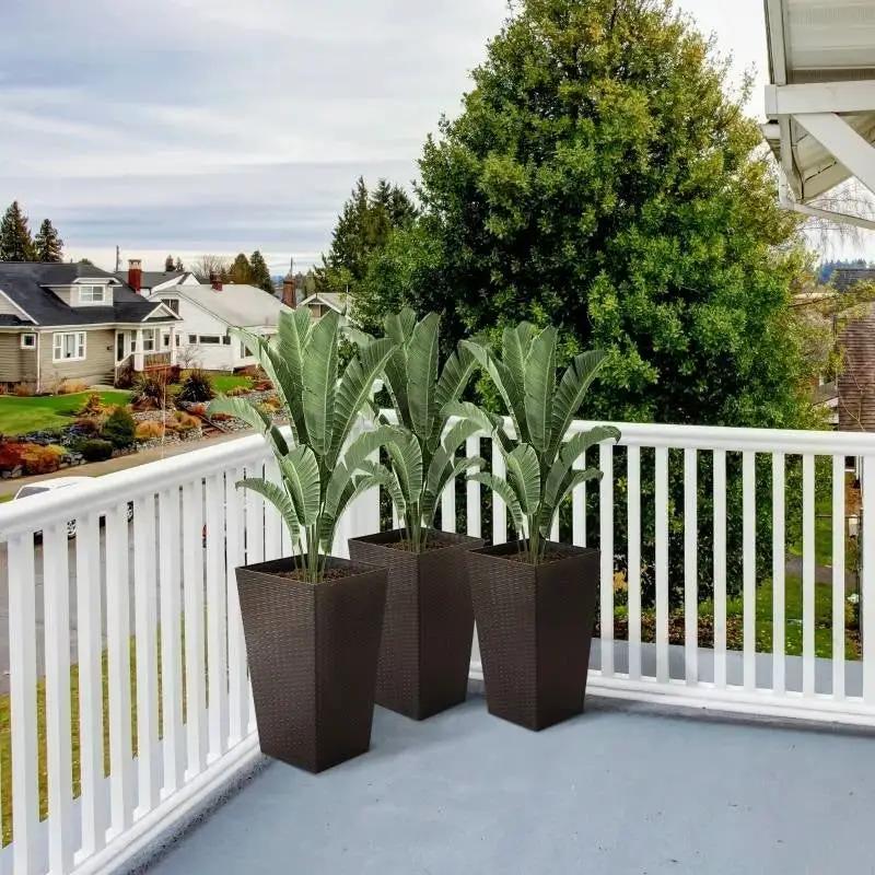 Set of 3 - Brown Faux Rattan Plastic Tall Large Flower Pots by HomePacific