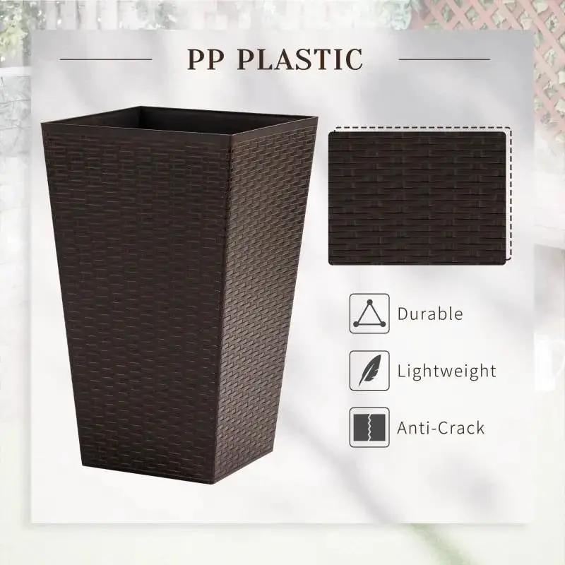 Set of 3 - Brown Faux Rattan Plastic Tall Large Flower Pots by HomePacific