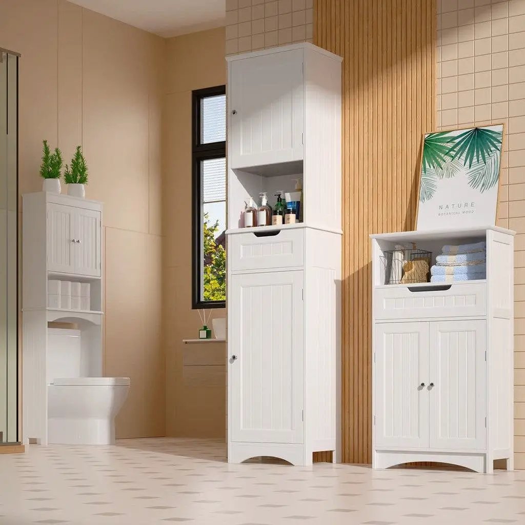 White Bathroom Linen Cabinet Tower with 2 Doors Storage Drawer and Shelf by HomePacific