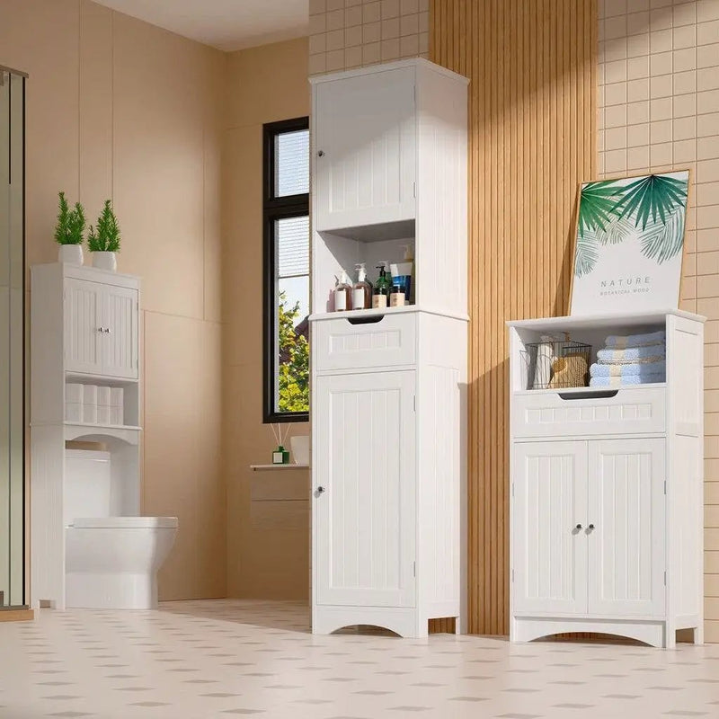 White Bathroom Linen Cabinet Tower with 2 Doors Storage Drawer and Shelf by HomePacific