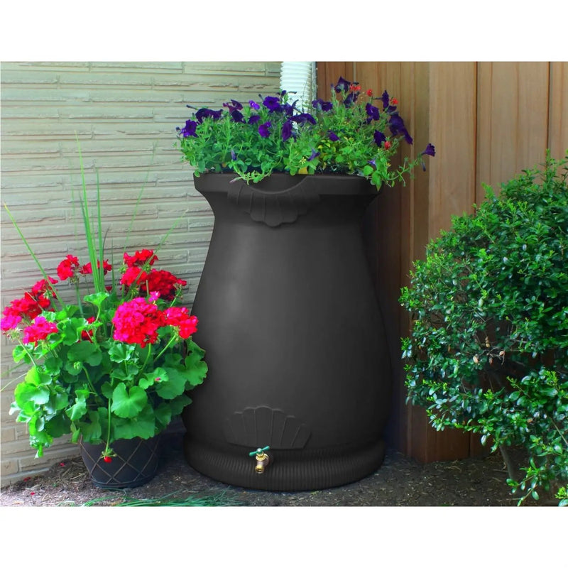 Black 65-Gallon Plastic Urn Rain Barrel with Planter Top by HomePacific