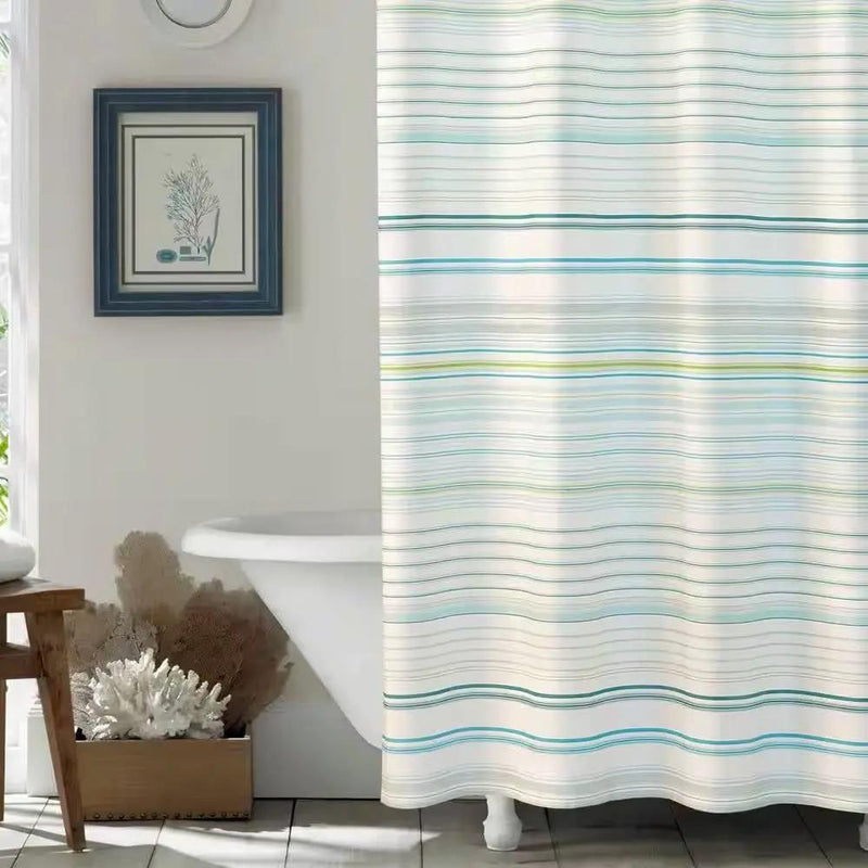72-inch Sea Breeze Blue Green White Cabana Stripe Cotton Shower Curtain by HomePacific