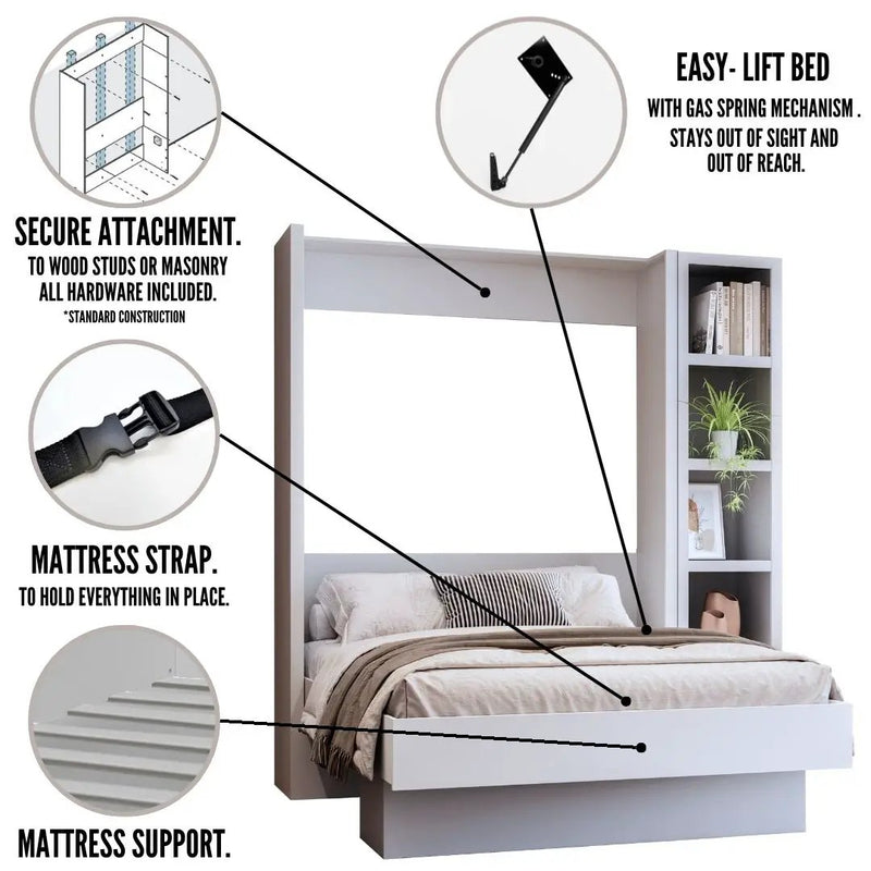 Easy-Lift Full Murphy Wall Bed in White with Bookshelf by Sharicks