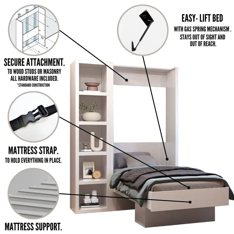 Easy-Lift Twin Murphy Wall Bed in White with Bookshelf by Sharicks