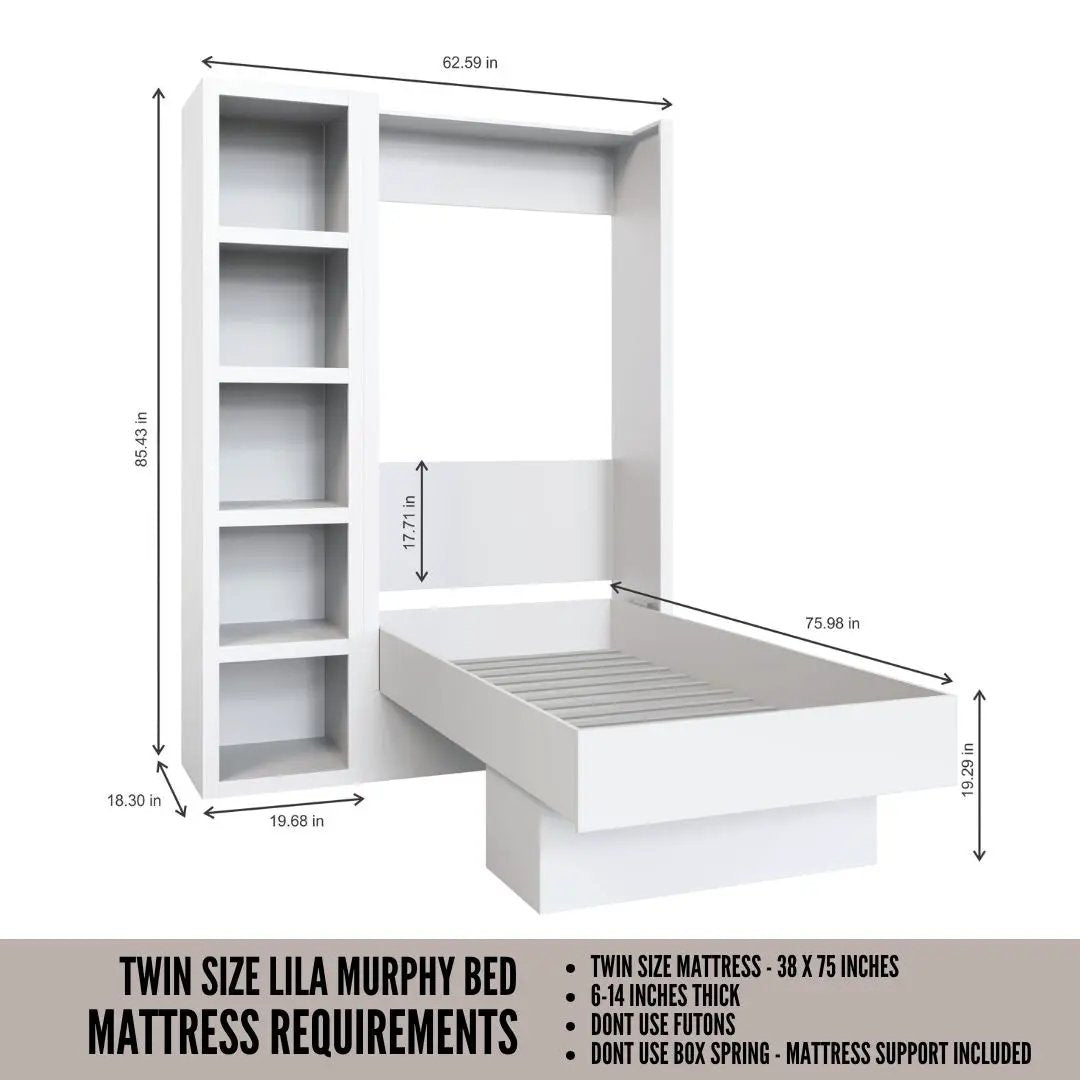 Easy-Lift Twin Murphy Wall Bed in White with Bookshelf by Sharicks