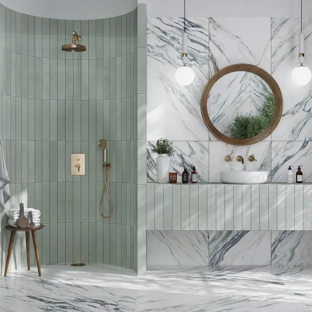 Ivory white with Green Vein 24x48 Polished Porcelain Large Format Tile (2 pack, 15.5 sq ft/case) by Apollo Tile