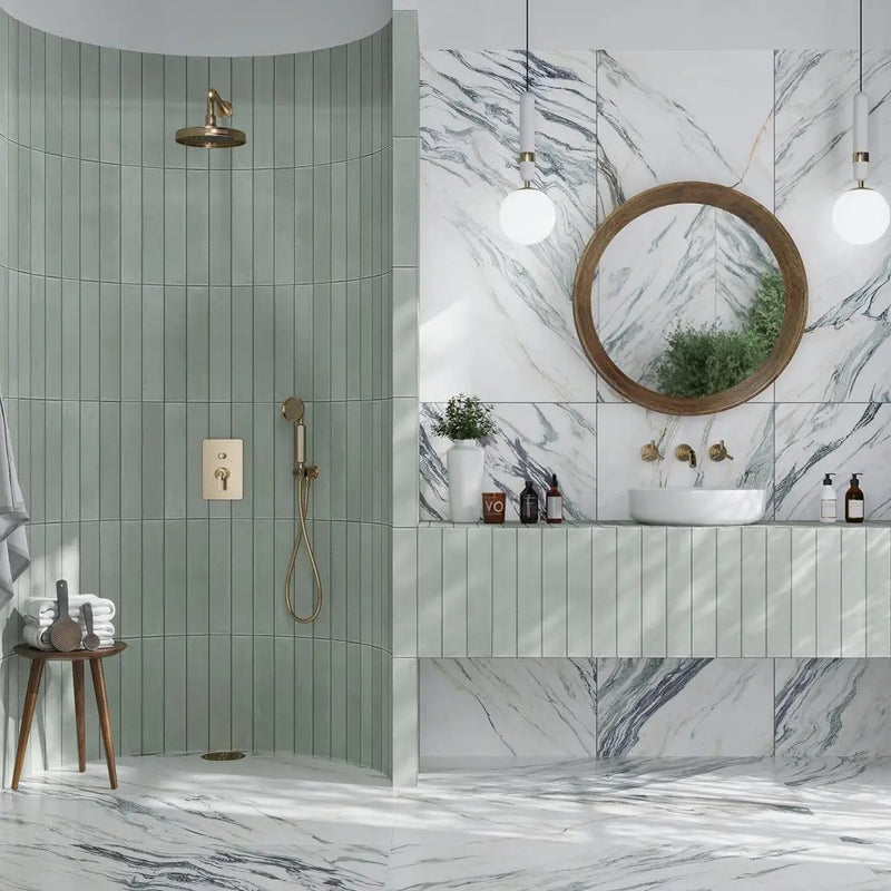 Ivory white with Green Vein 24x48 Polished Porcelain Large Format Tile (2 pack, 15.5 sq ft/case) by Apollo Tile