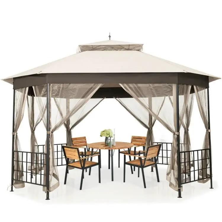Outdoor 10 x 12 Ft Octagon Gazebo with Mosquito Net Sidewalls and Beige Canopy by HomePacific