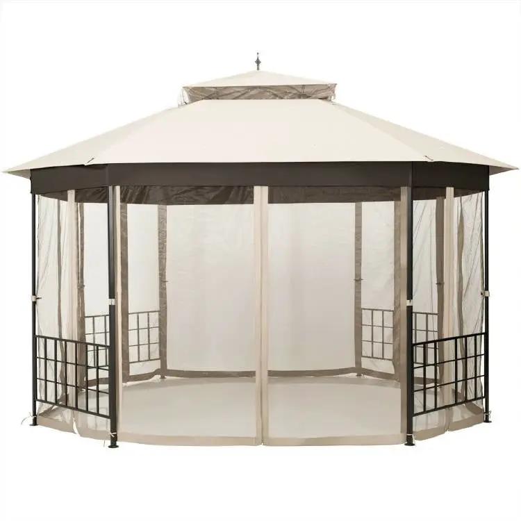 Outdoor 10 x 12 Ft Octagon Gazebo with Mosquito Net Sidewalls and Beige Canopy by HomePacific