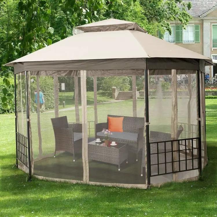 Outdoor 10 x 12 Ft Octagon Gazebo with Mosquito Net Sidewalls and Beige Canopy by HomePacific