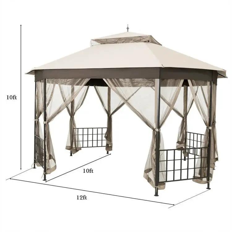 Outdoor 10 x 12 Ft Octagon Gazebo with Mosquito Net Sidewalls and Beige Canopy by HomePacific