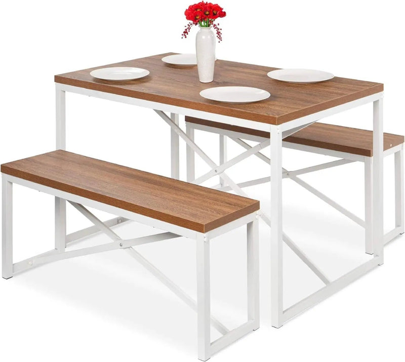 Modern 3-Piece Dining Set Wood Top White Metal Frame Table and 2 Bench Chairs by HomePacific