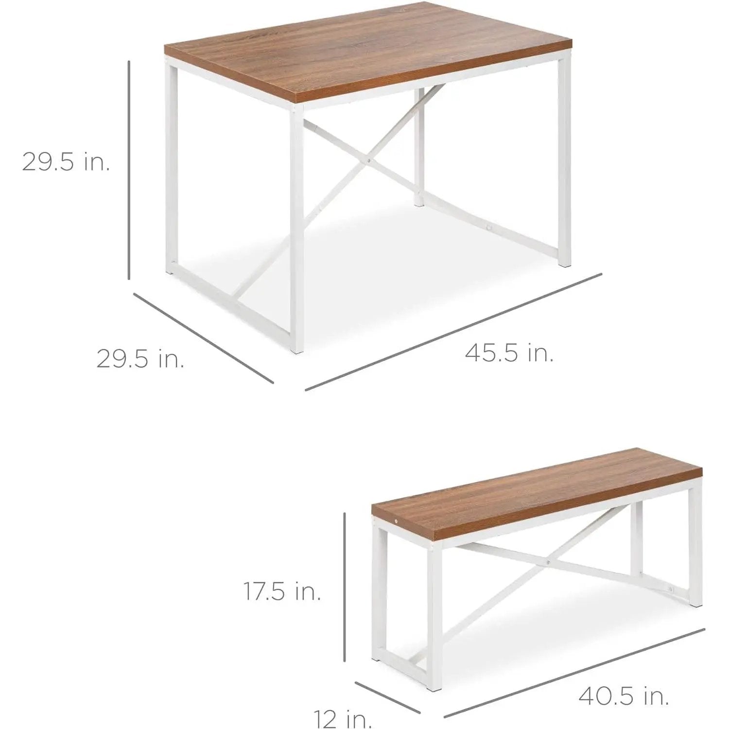 Modern 3-Piece Dining Set Wood Top White Metal Frame Table and 2 Bench Chairs by HomePacific