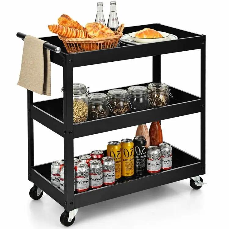 Black Steel Frame Kitchen Serving Utility Cart on Wheels with 2 Bottom Shelves by HomePacific