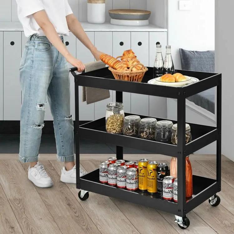 Black Steel Frame Kitchen Serving Utility Cart on Wheels with 2 Bottom Shelves by HomePacific