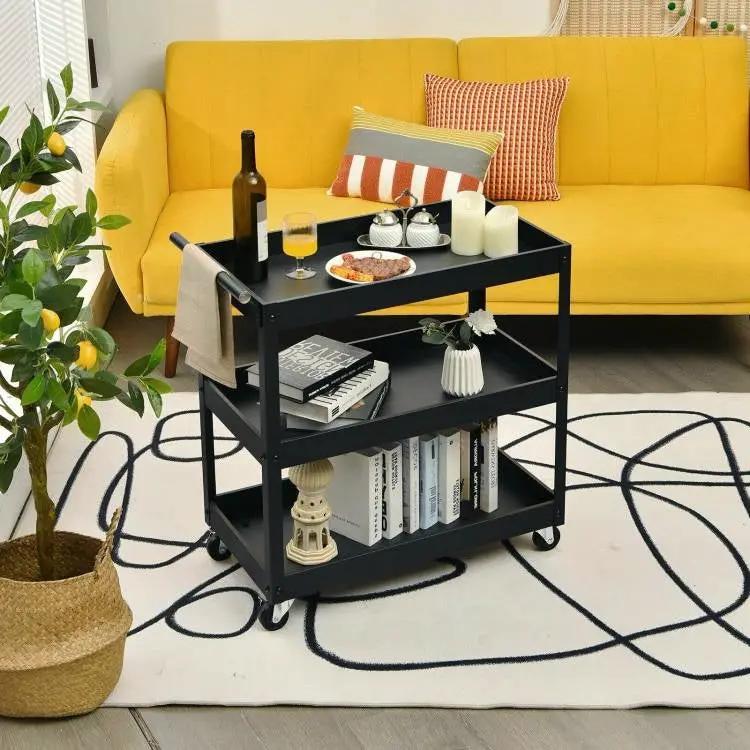 Black Steel Frame Kitchen Serving Utility Cart on Wheels with 2 Bottom Shelves by HomePacific