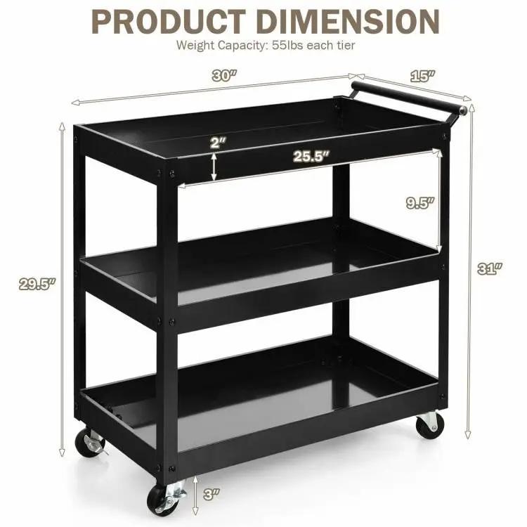 Black Steel Frame Kitchen Serving Utility Cart on Wheels with 2 Bottom Shelves by HomePacific