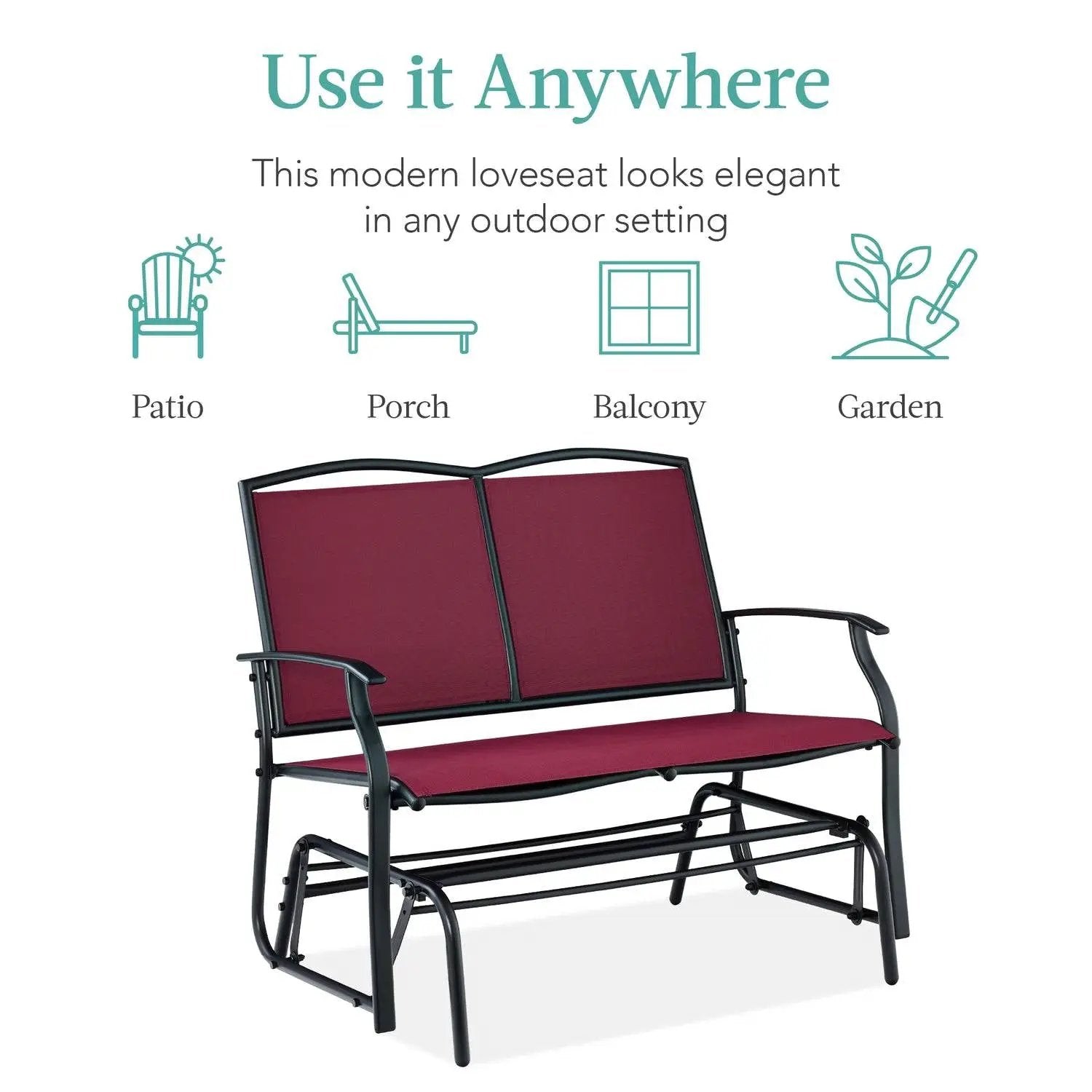 2 Seat Mesh Patio Loveseat Swing Glider Rocker with Armrests in Burgundy Red by HomePacific