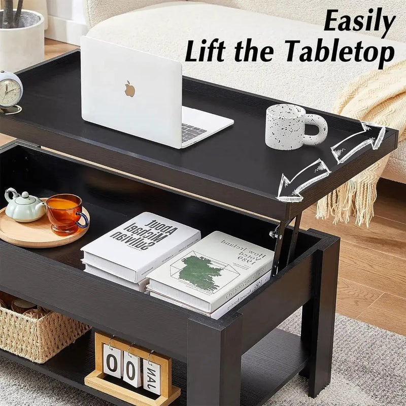 Modern Lift Top Coffee Table Laptop Tray with Storage Shelf in Black Wood Finish by HomePacific