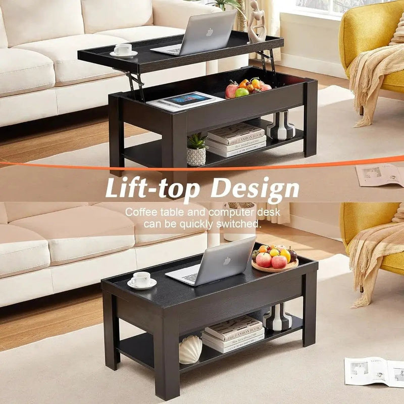 Modern Lift Top Coffee Table Laptop Tray with Storage Shelf in Black Wood Finish by HomePacific
