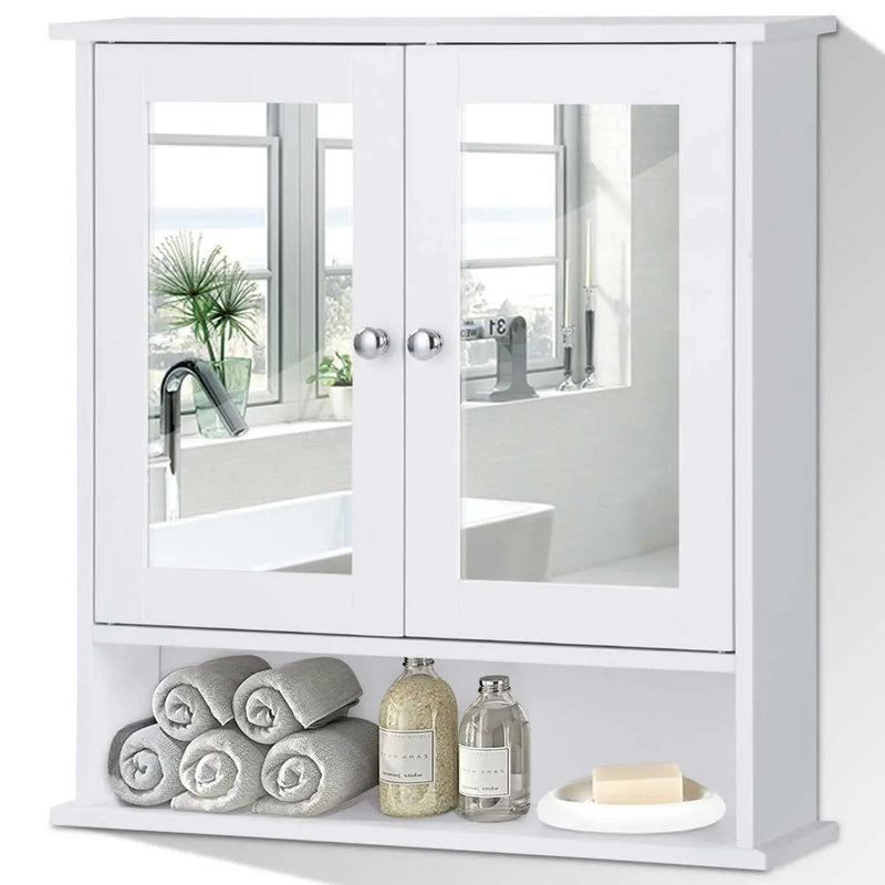 White Bathroom Wall Medicine Cabinet with Mirror and Open Shelf by HomePacific