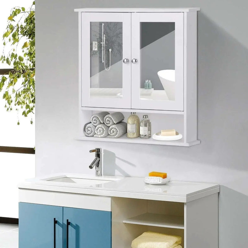 White Bathroom Wall Medicine Cabinet with Mirror and Open Shelf by HomePacific