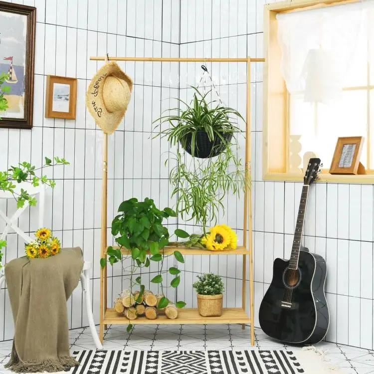 Entryway Bedroom Wood Garment Clothes Hanging Rack with 2 Bottom Storage Shelves by HomePacific