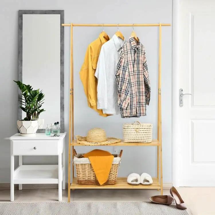 Entryway Bedroom Wood Garment Clothes Hanging Rack with 2 Bottom Storage Shelves by HomePacific