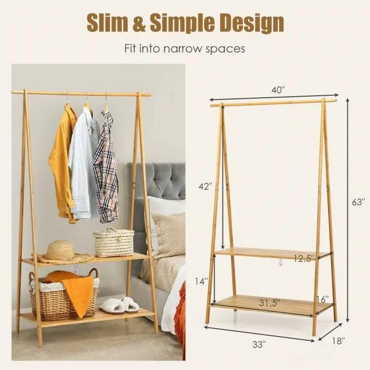 Entryway Bedroom Wood Garment Clothes Hanging Rack with 2 Bottom Storage Shelves by HomePacific