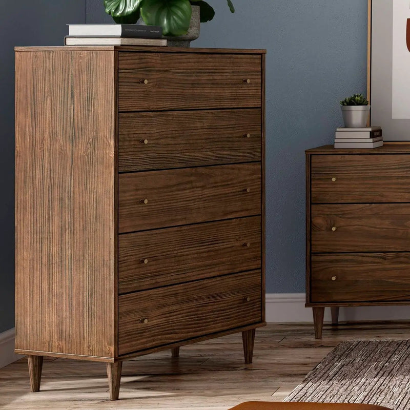 Farmhouse Rustic Walnut Mid Century 5 Drawer Chest by HomePacific