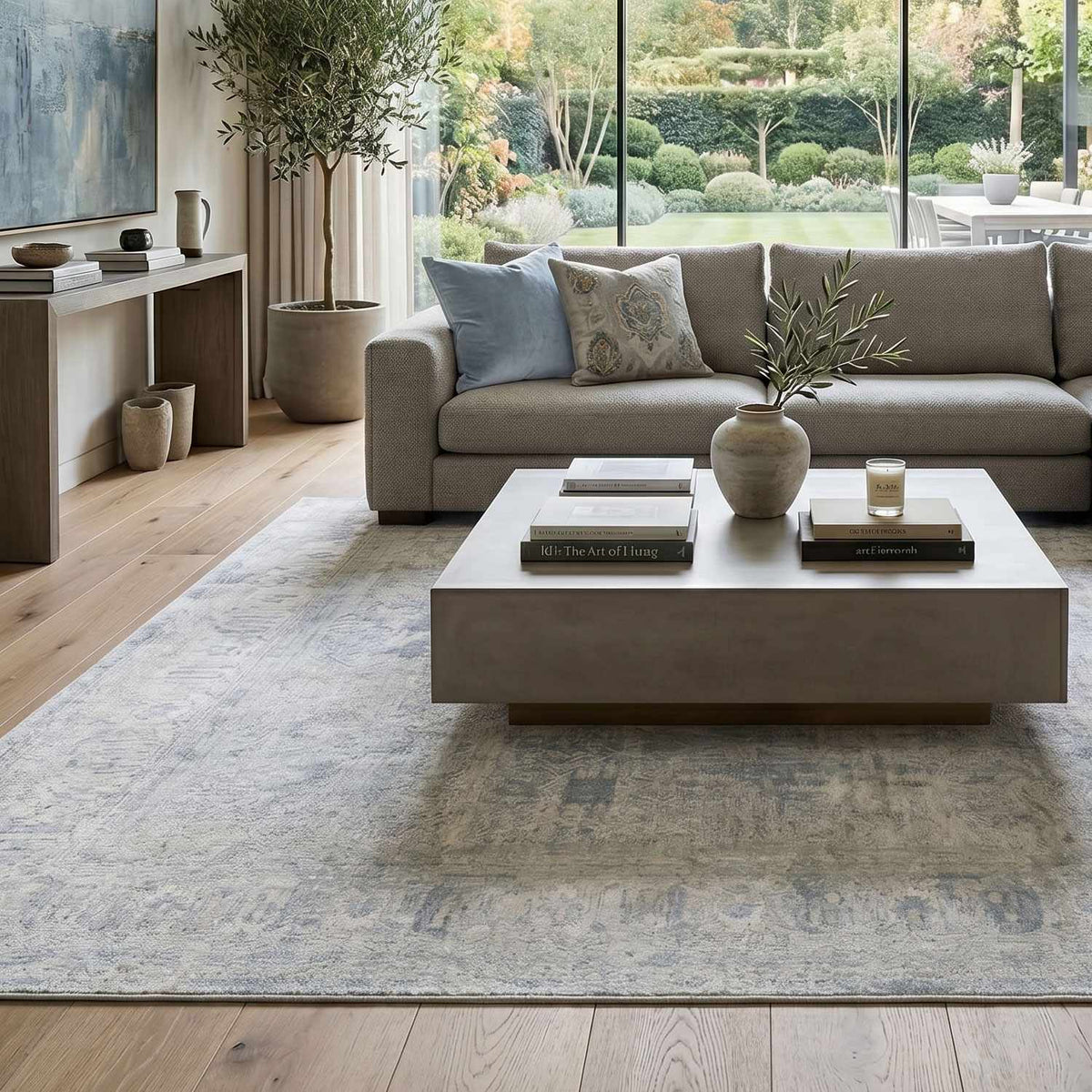 Pryce Blue Gray Thick Luxe Boutique Rug, installed in a room