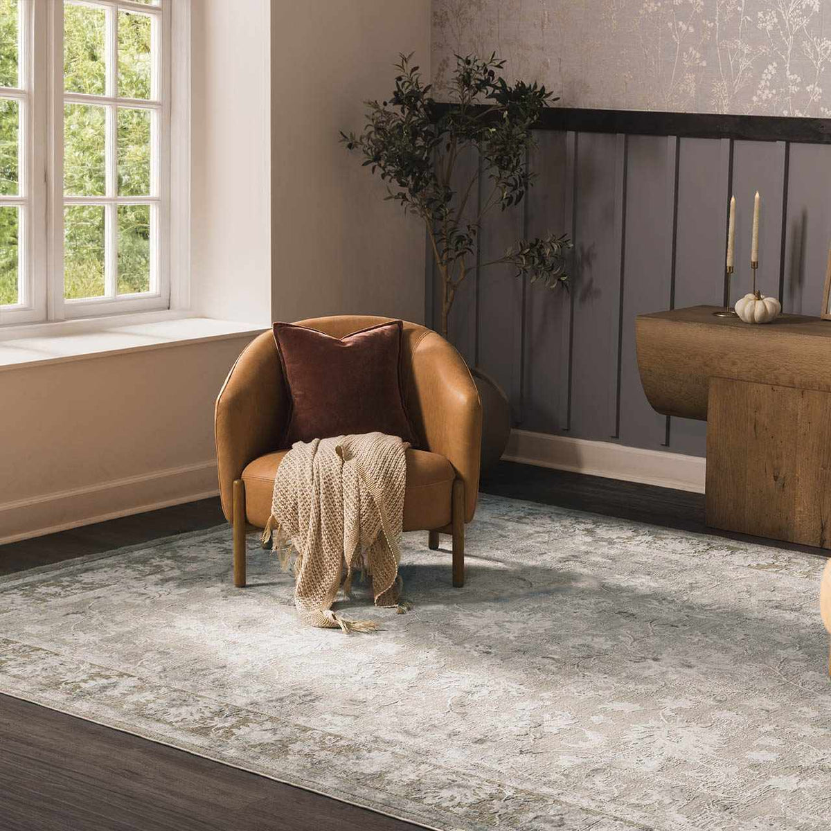 Kerem Cream Thick Luxe Damask Rug, installed in a room