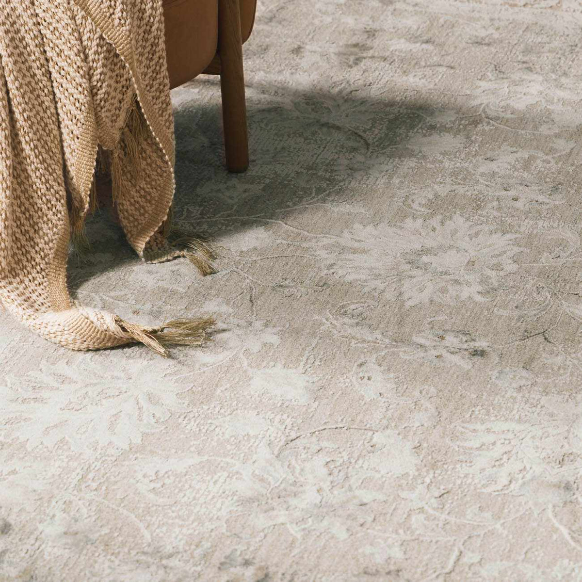 Kerem Cream Thick Luxe Damask Rug, installed in a room 3