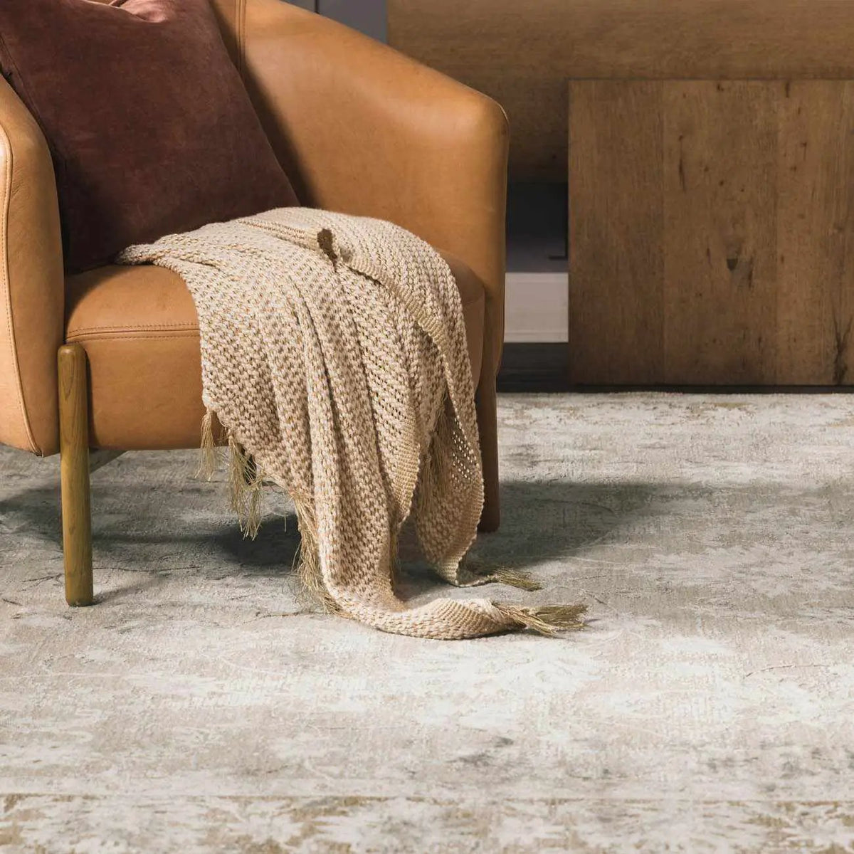 Kerem Cream Thick Luxe Damask Rug, installed in a room 2