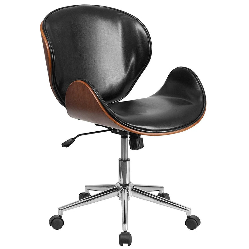 Mid-Back Walnut / Black Faux Leather Office Chair with Curved Bentwood Seat by HomePacific