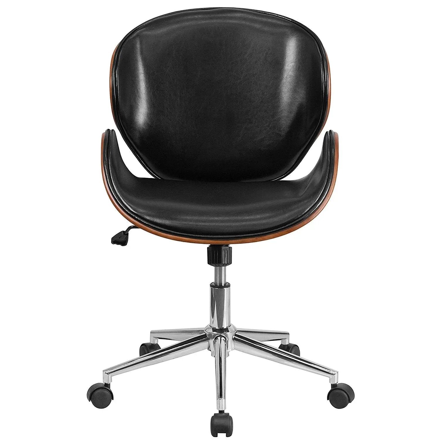 Mid-Back Walnut / Black Faux Leather Office Chair with Curved Bentwood Seat by HomePacific