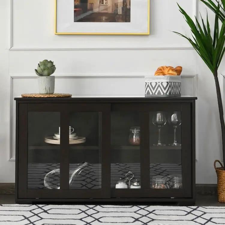 Brown Wood Buffet Kitchen Dining Sideboard Storage Cabinet w/ Glass Sliding Door by HomePacific