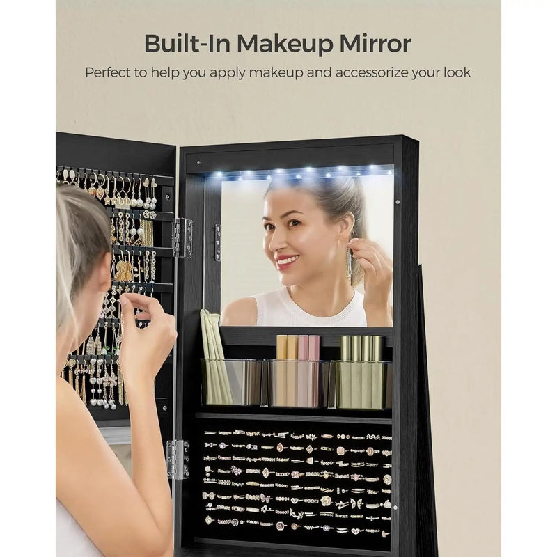 Black Wood Jewelry Cabinet Armoire Organizer Freestanding Rotating Mirror by HomePacific