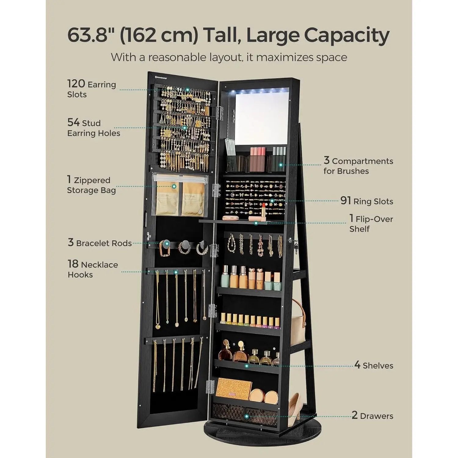 Black Wood Jewelry Cabinet Armoire Organizer Freestanding Rotating Mirror by HomePacific