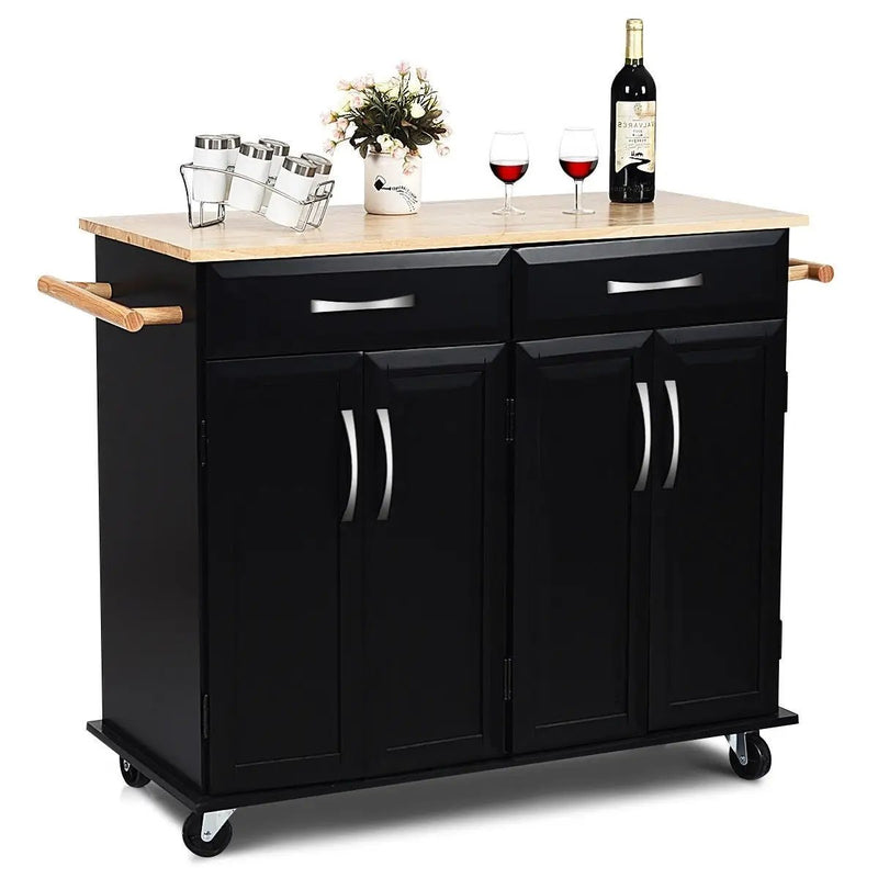 Black Kitchen Island Storage Cabinet Cart with Wood Top and Wheels by HomePacific