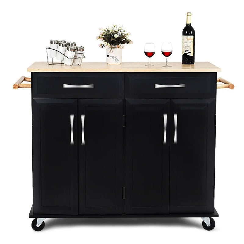 Black Kitchen Island Storage Cabinet Cart with Wood Top and Wheels by HomePacific