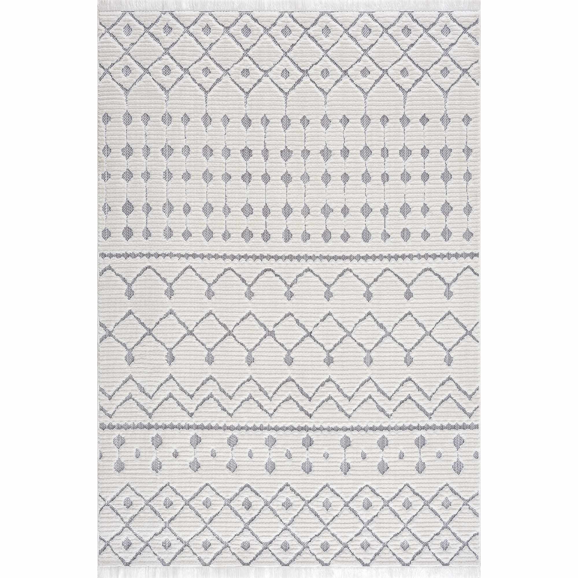 Ivory Gray Beil Textured Trellis Fringe Area Rug - Clearance by Boutique Rugs