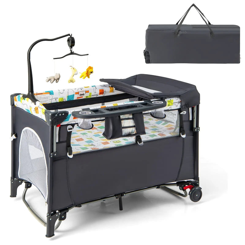 5-in-1 Baby Nursery Center Foldable Toddler Bedside Crib with Music Box by DirectDeals